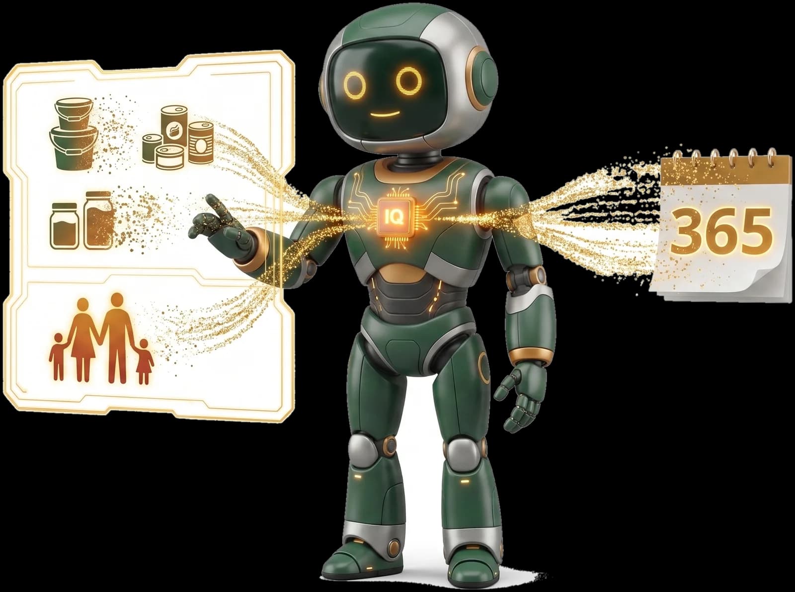 The FoodStorageIQ robot running the Runway Algorithm: pantry food and family icons stream as golden particles through the glowing IQ chip in its chest and come out as one number — 365 — on a calendar